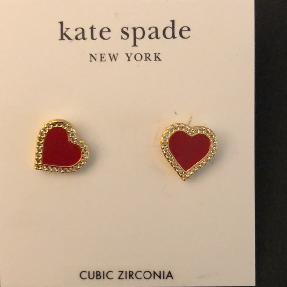 Kate Spade Gold Tone Take Heart Red Enamel & Clear CZ Heart Stud Earrings NWT - Picture 3 of 14